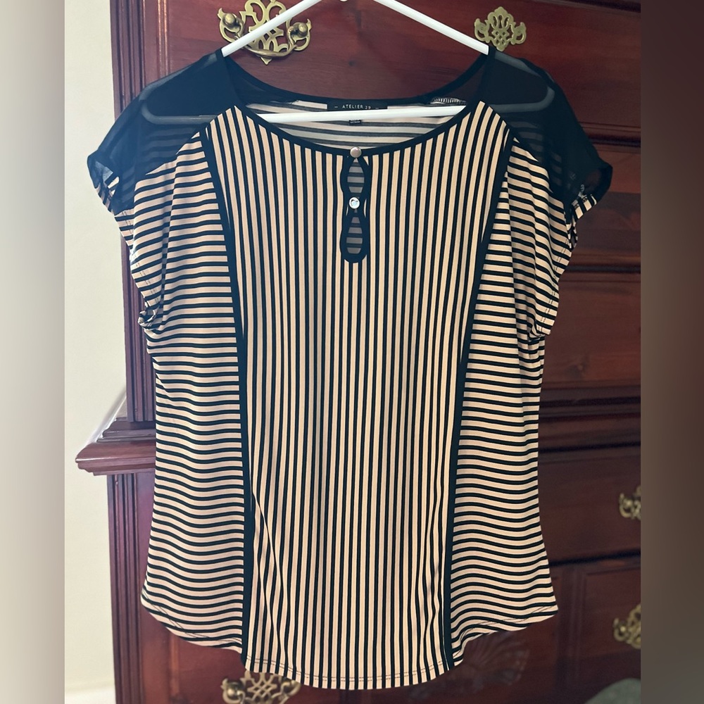 Fun sheer sleeves black/tan striped shirt with button collar detail